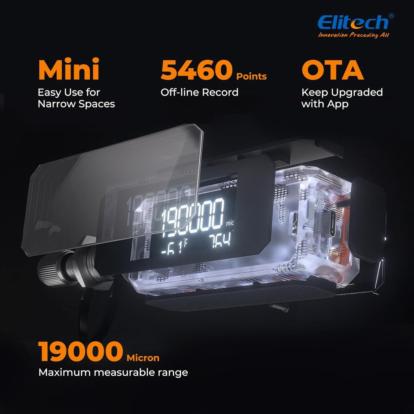 Elitech VGW-Mini Wireless Digital Vacuum Gauge with Adaptor Rechargeable Pressure Tester Meter HVAC 0-19000 Micron, Alarms via APP, Offline Recording, Temp Compensation, 1/4" SAE