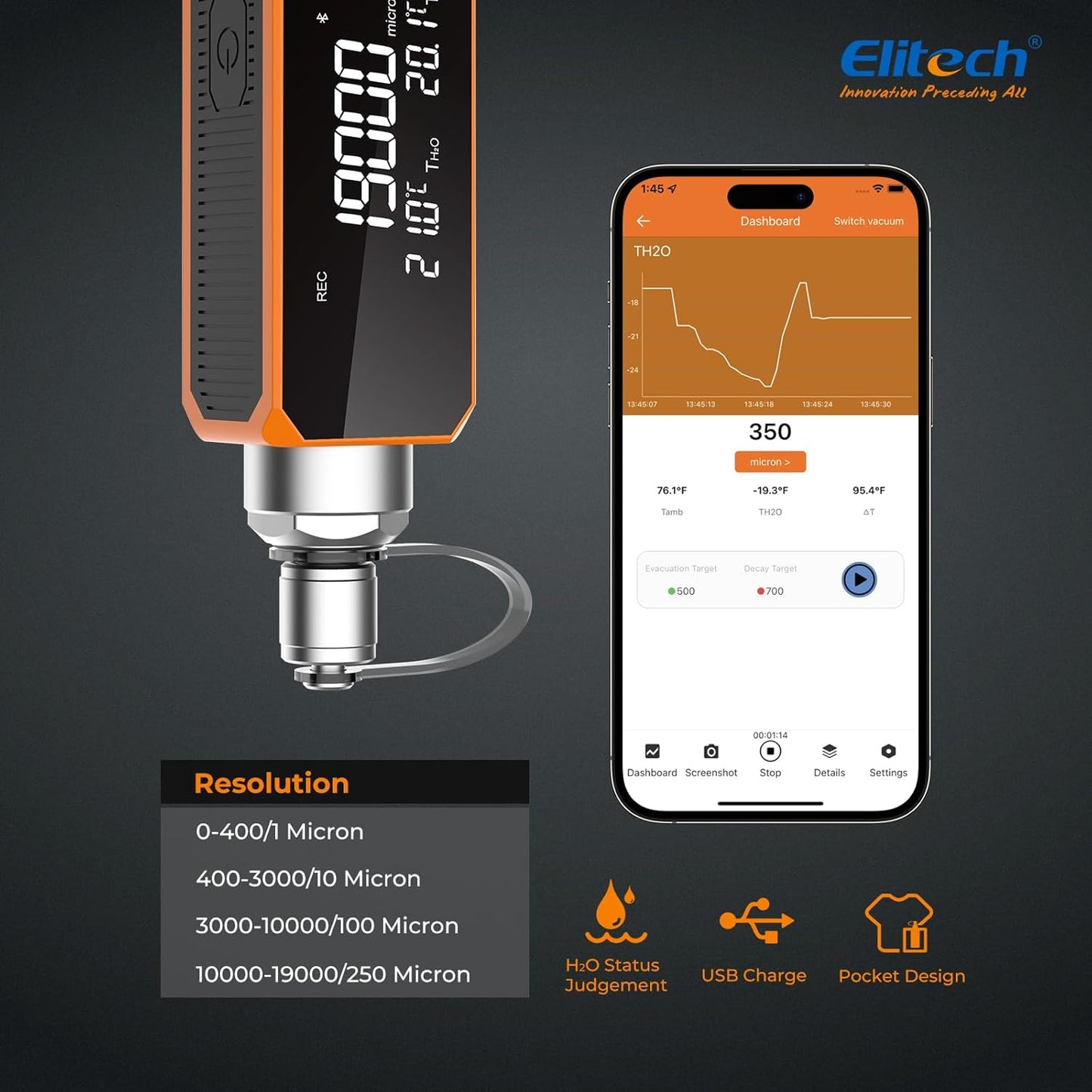 Elitech VGW-Mini Wireless Digital Vacuum Gauge with Adaptor Rechargeable Pressure Tester Meter HVAC 0-19000 Micron, Alarms via APP, Offline Recording, Temp Compensation, 1/4" SAE