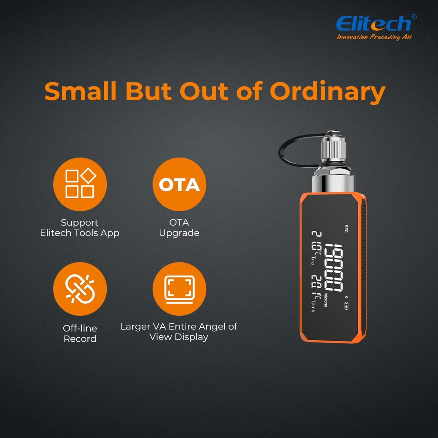Elitech VGW-Mini Wireless Digital Vacuum Gauge with Adaptor Rechargeable Pressure Tester Meter HVAC 0-19000 Micron, Alarms via APP, Offline Recording, Temp Compensation, 1/4" SAE