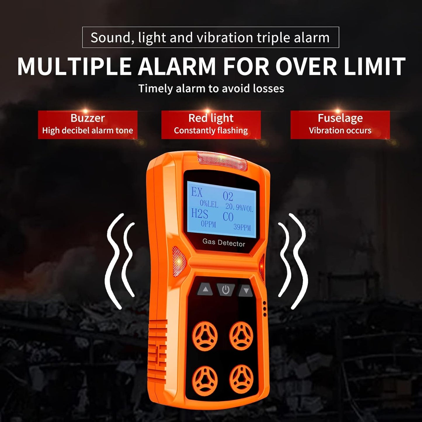 CHNADKS Gas Detector, CHNADKS 4 Gas Monitor H2S,O2,CO and LEL Multiple Indicator with Vibration, Audible, Visual 4 Gas Monitor