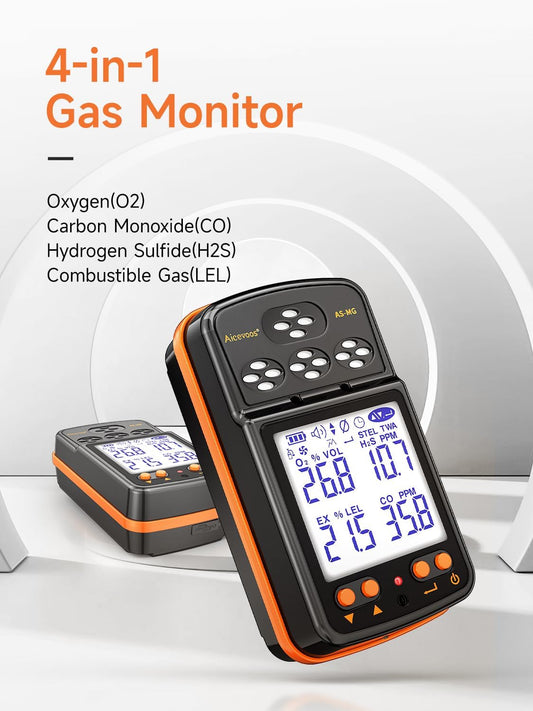 Aicevoos Gas Detector 4 Gas Monitor for H2S, O2, CO and EX Portable Visual Gas Monitor with Sound Light Vibration LCD Display