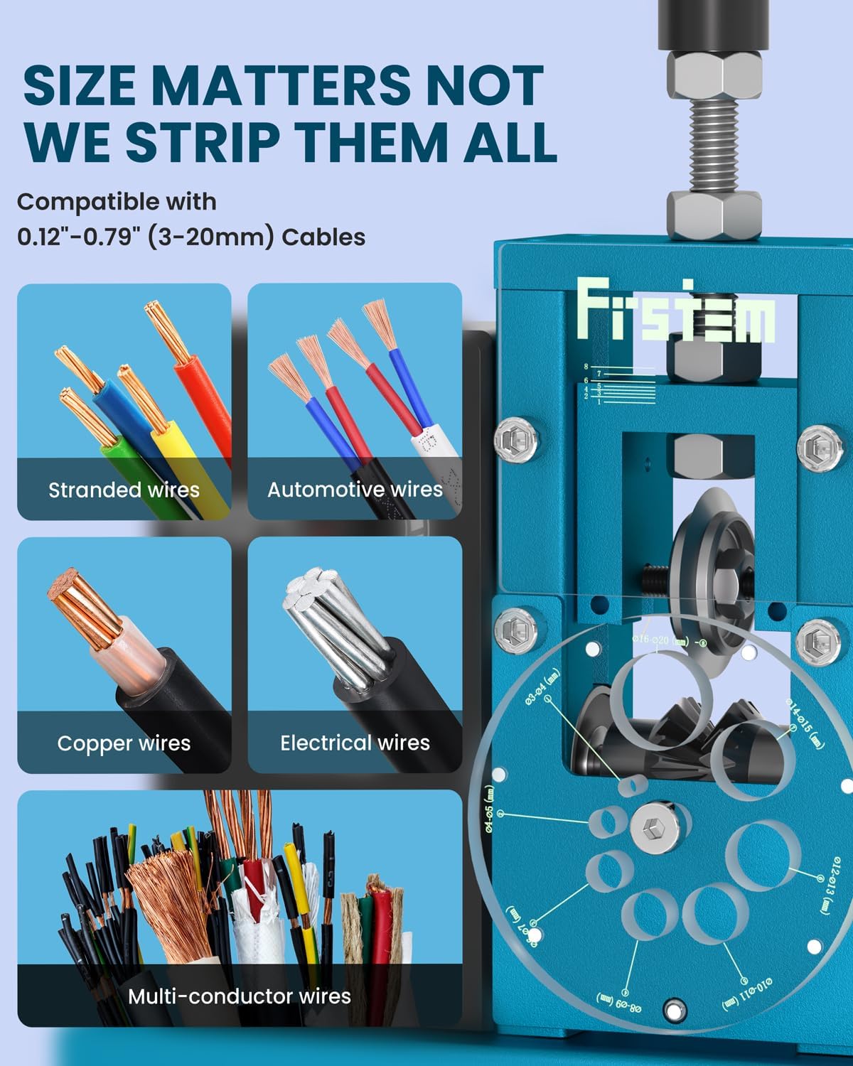 Frstem Automatic Wire Stripper Machine, 0.12"-0.79" Electric Wire Stripping Machine with Patented Disk Design