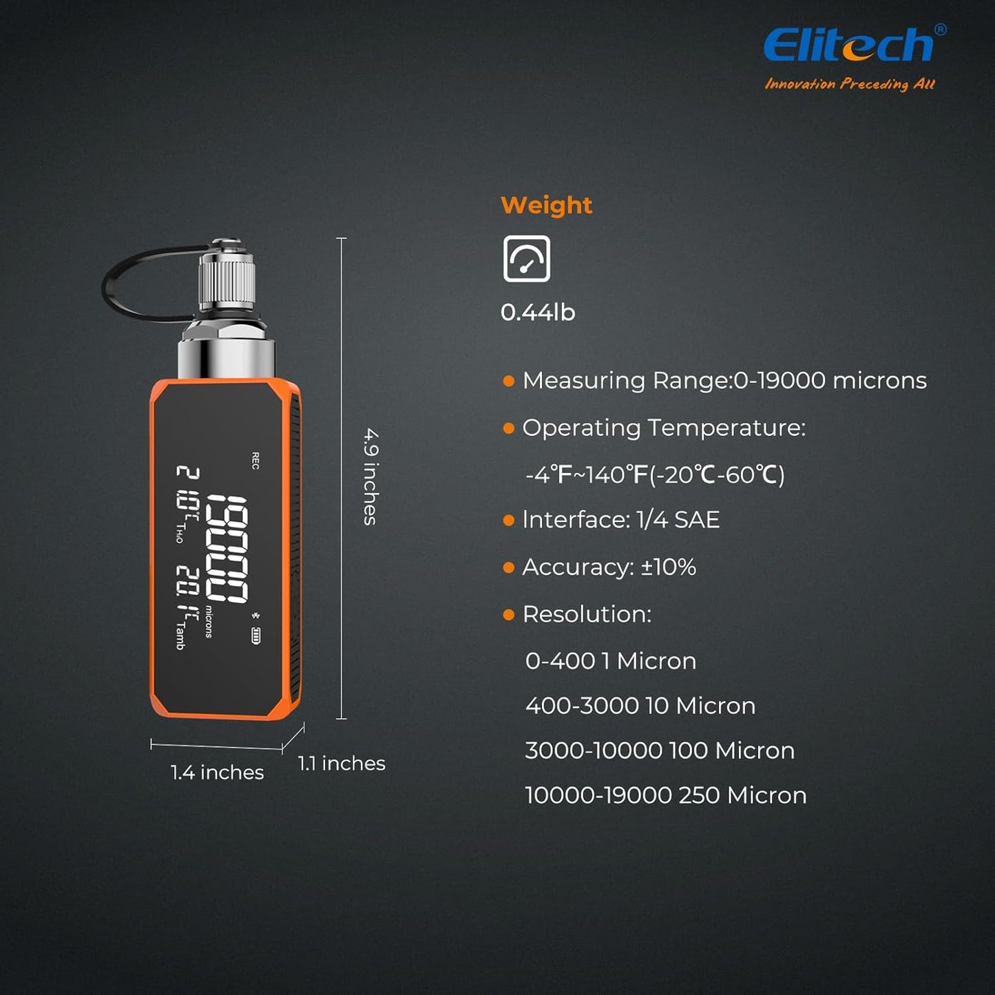 Elitech VGW-Mini Wireless Digital Vacuum Gauge with Adaptor Rechargeable Pressure Tester Meter HVAC 0-19000 Micron, Alarms via APP, Offline Recording, Temp Compensation, 1/4" SAE