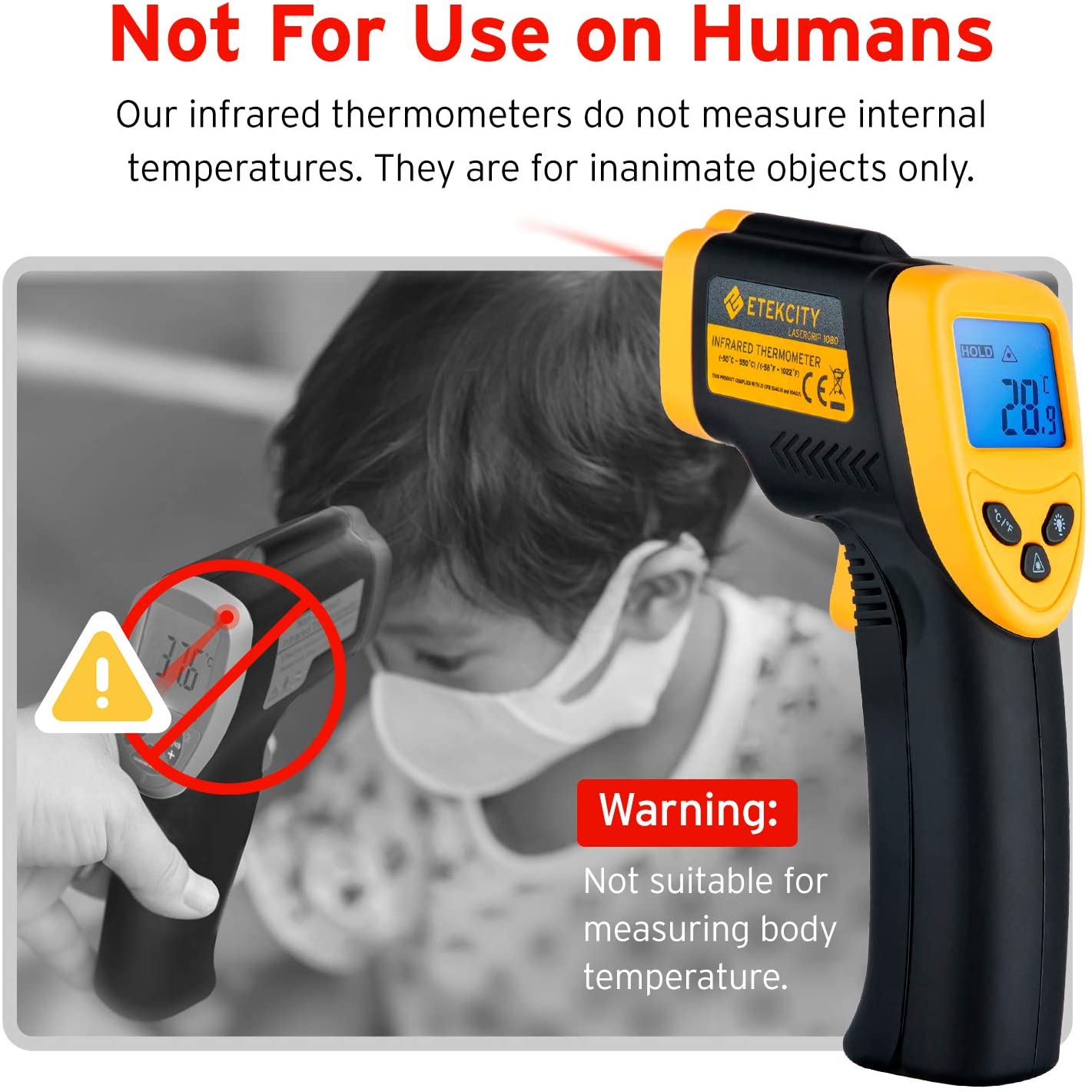 Etekcity Infrared Thermometer 1080 (Not for Human) Temperature Gun Non-Contact Digital Lasergrip -58℉~1022℉ (-50℃~550℃), Yellow and Black