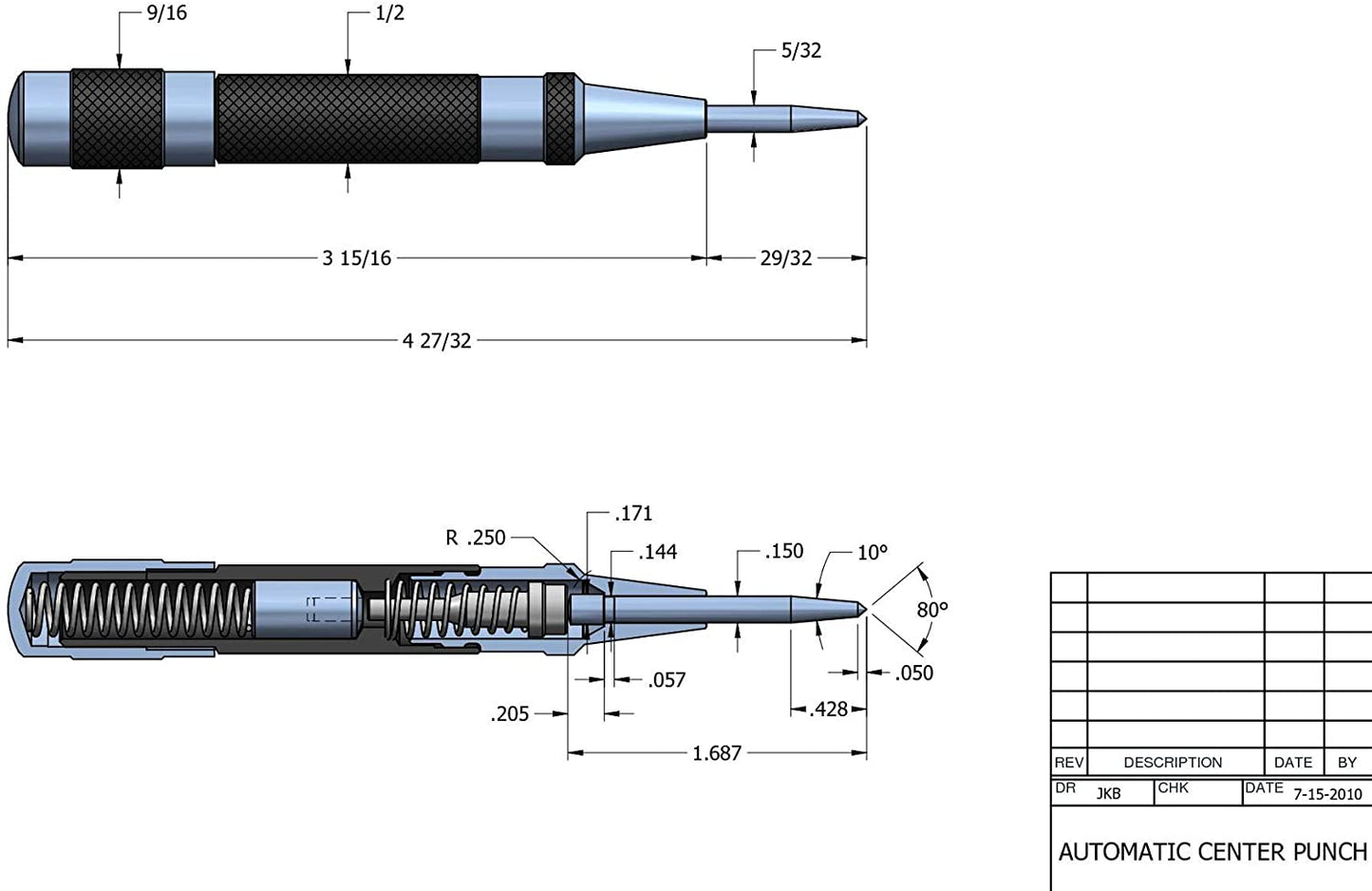 Starrett 18A Automatic Center Punch with Hardened Steel Metal, Universal Tool for Machinists and Carpenters with Adjustable Knurled Cap to Control Blow Force, No. 4 Graduation