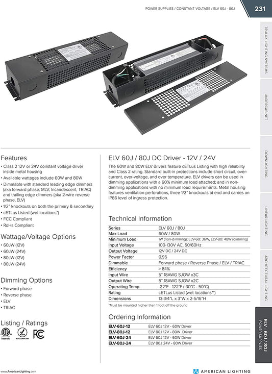 American Lighting ELV-80J-24-MASTER Electronic LED Hardware Power Supply, Adaptive, 80-Watt 24V Electonic Low Voltage Driver, 12, Black