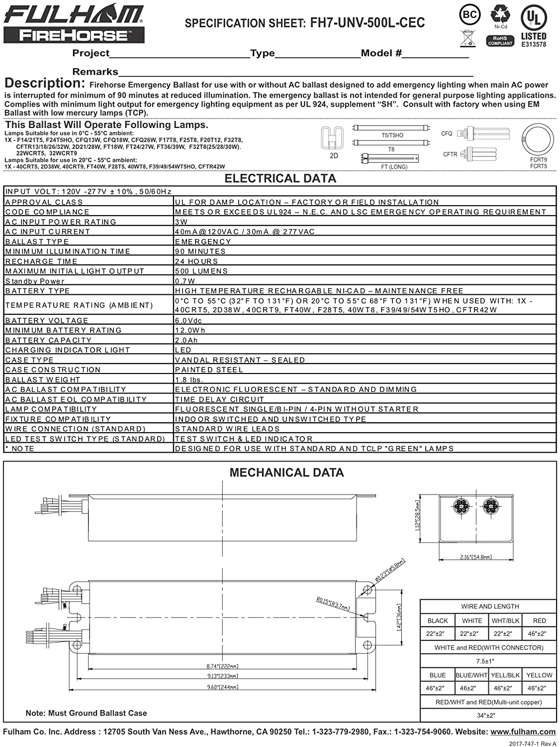 Fulham Lighting FH7-UNV-500L-CEC FireHorse 7-Emergency Ballast-Universal Voltage-500 Initial Lumen Output