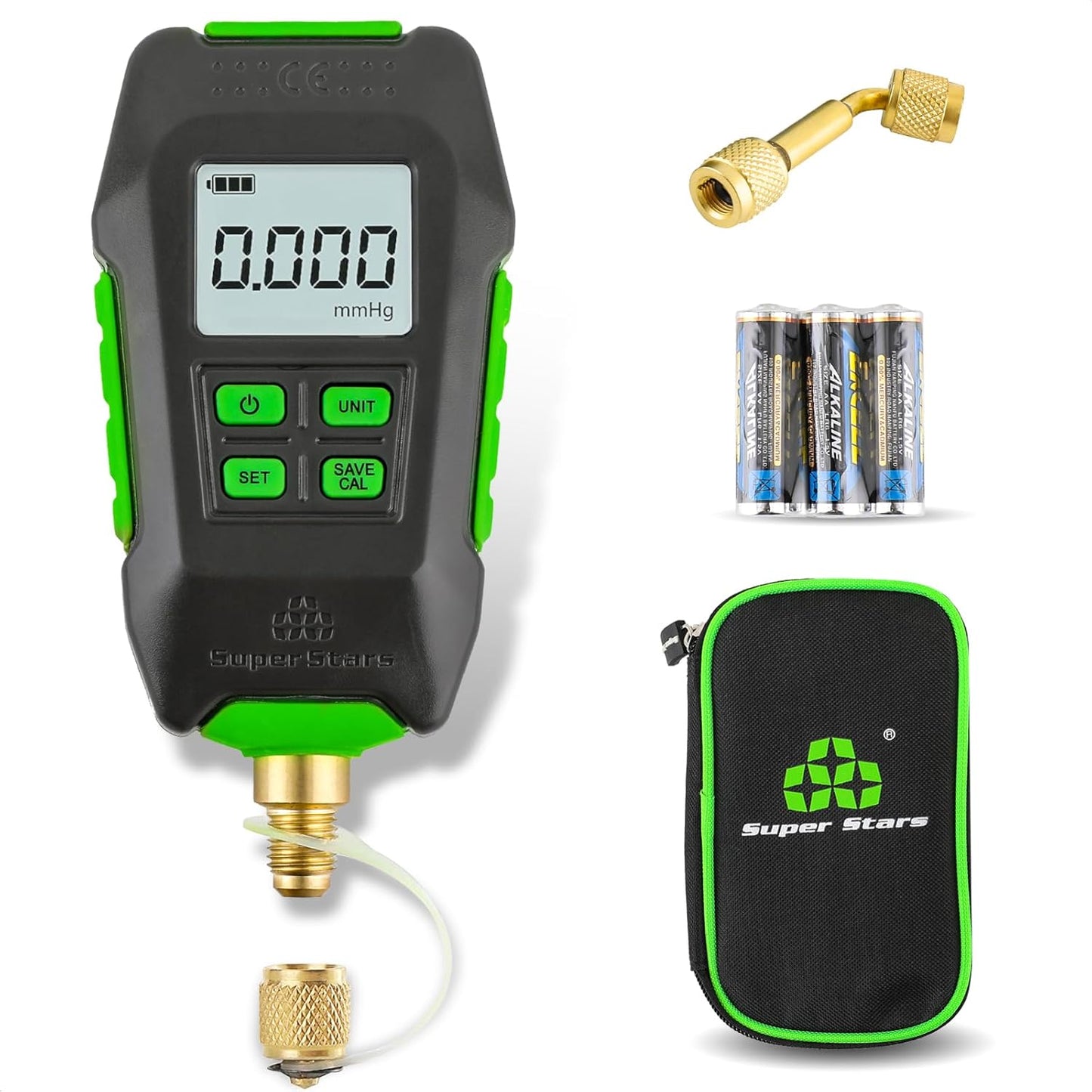 Rogvoc Digital Vacuum Gauge, HVAC Micron Vacuum Gauge Tester with 4 Units 7/16"-20UNF(1/4" SAE), Digital Vacuum Micron Meter Set with Buzzer Alarm, 1/4" SAE Extension Connector Fitting