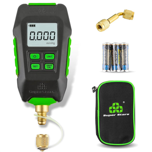 Rogvoc Digital Vacuum Gauge, HVAC Micron Vacuum Gauge Tester with 4 Units 7/16"-20UNF(1/4" SAE), Digital Vacuum Micron Meter Set with Buzzer Alarm, 1/4" SAE Extension Connector Fitting