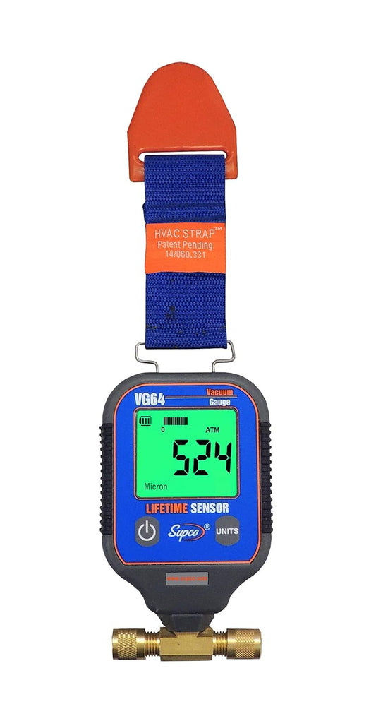 Supco VG64 Vacuum Gauge, Digital Display, 0-12000 microns Range, 10% Accuracy, 1/4" Male Flare Fitting Connection , Grey