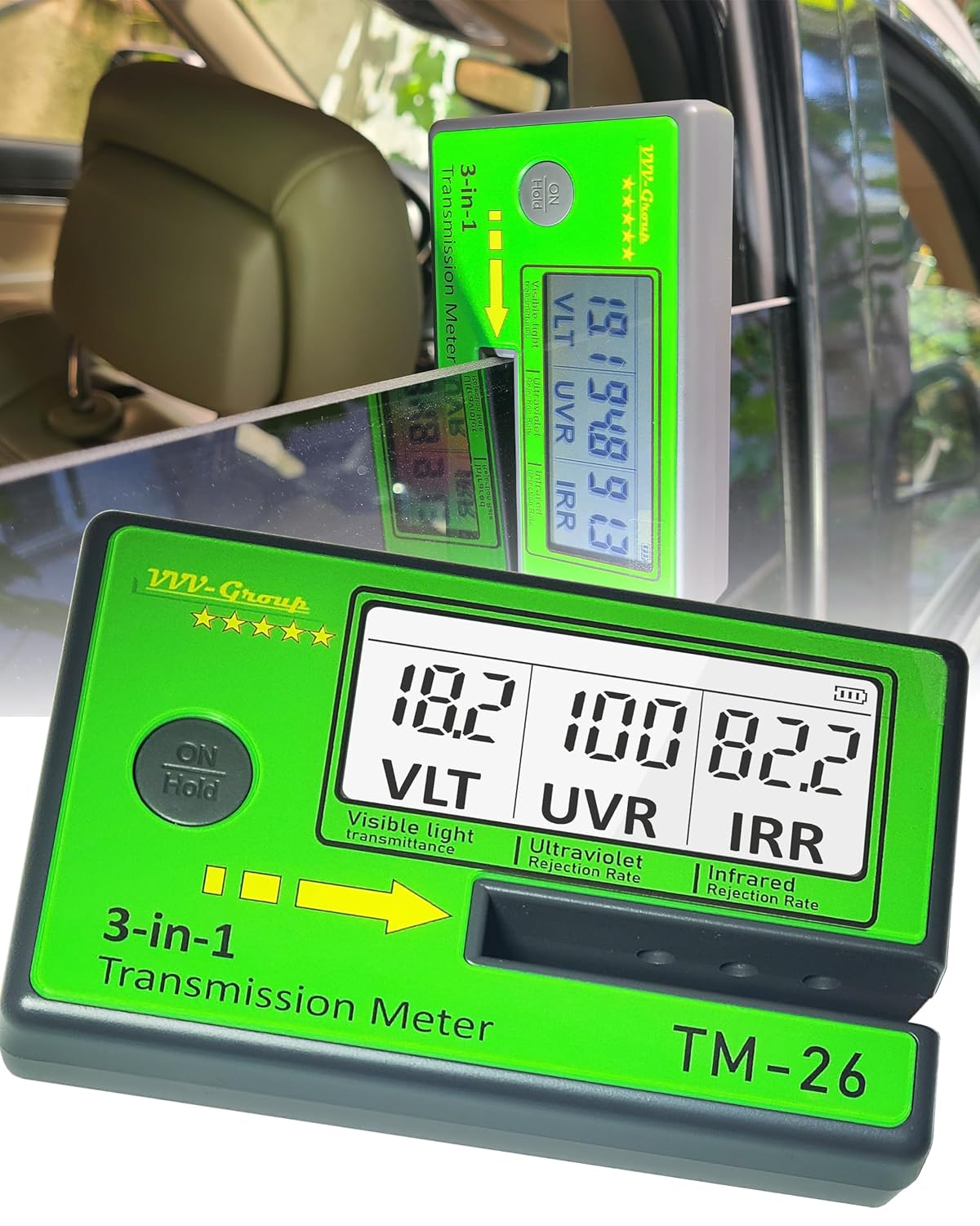 Digital Window Tint Meter TM-26 – Automotive VLT Tester with UVR & IRR Measurement, 8mm Slot Light Transmittance Meter for Car Side Windows and Solar Film Inspection (Without PU Case)