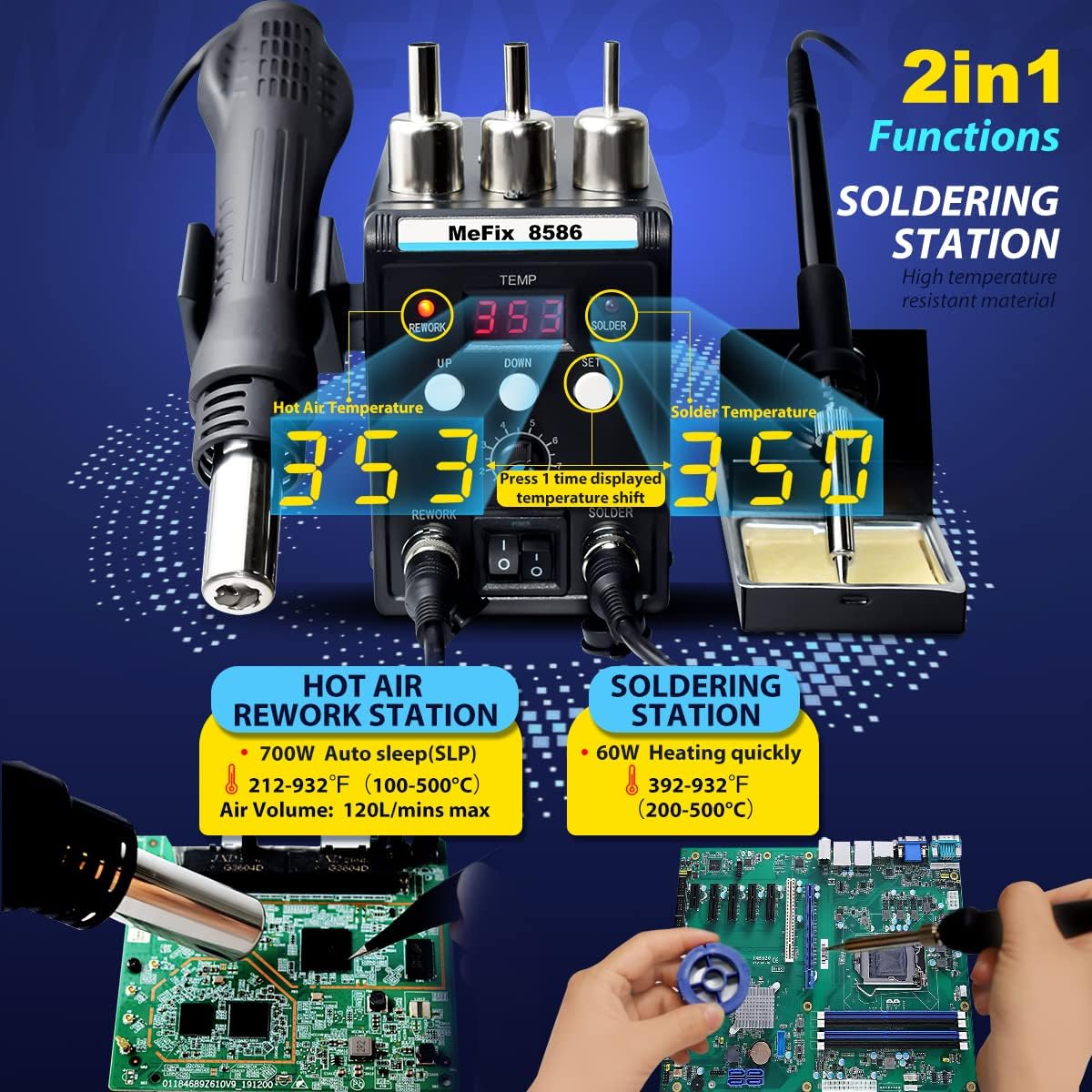 If8586 MeFix 8586 Soldering Station 2 in 1 Functions Electric Iron SMD Hot Ai ...