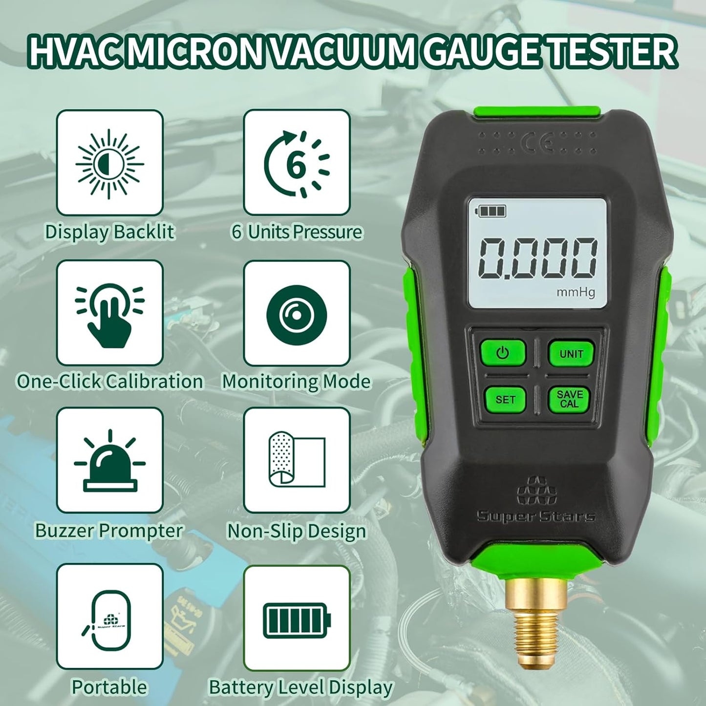 Rogvoc Digital Vacuum Gauge, HVAC Micron Vacuum Gauge Tester with 4 Units 7/16"-20UNF(1/4" SAE), Digital Vacuum Micron Meter Set with Buzzer Alarm, 1/4" SAE Extension Connector Fitting