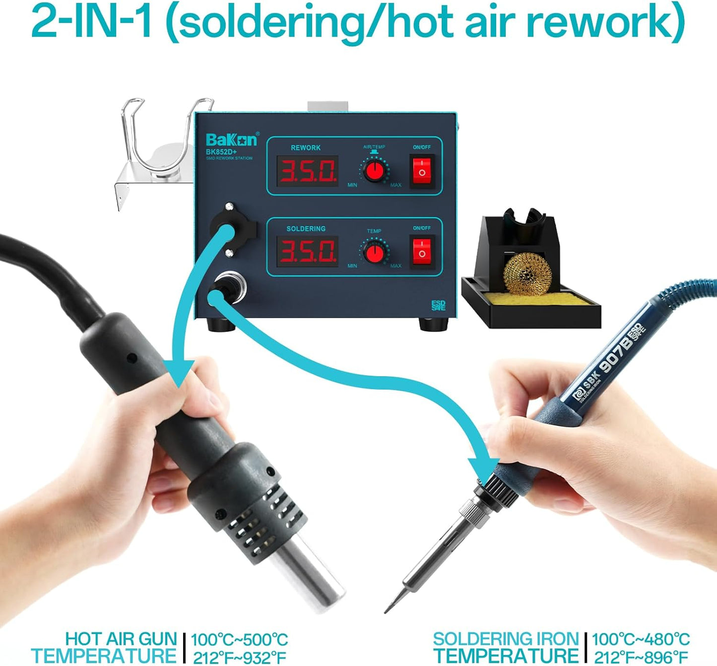 BAKON 852d+ Heat Gun And Soldering Iron 2-In-1 Kit, Smd Hot Air Rework Soldering Station