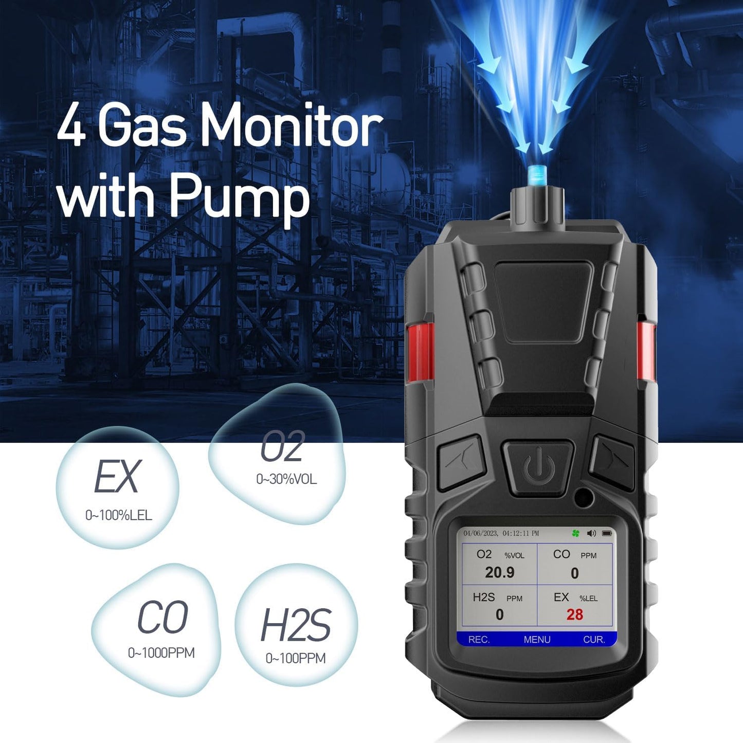 Forsensal Gas Detector with Pump, 4 Gas Monitor Multi Gas Detector CO EX O2 H2S Monitor