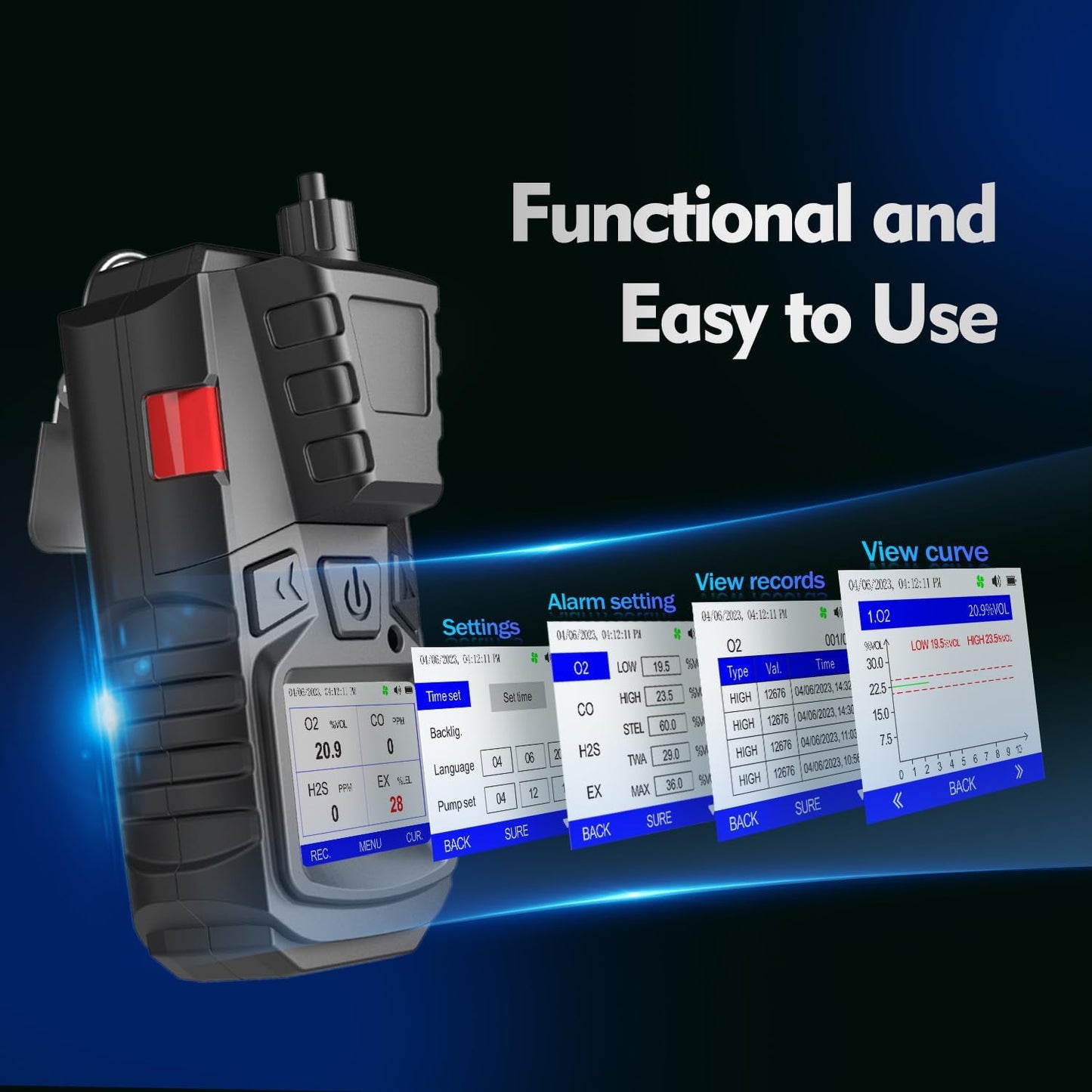 Forsensal Gas Detector with Pump, 4 Gas Monitor Multi Gas Detector CO EX O2 H2S Monitor