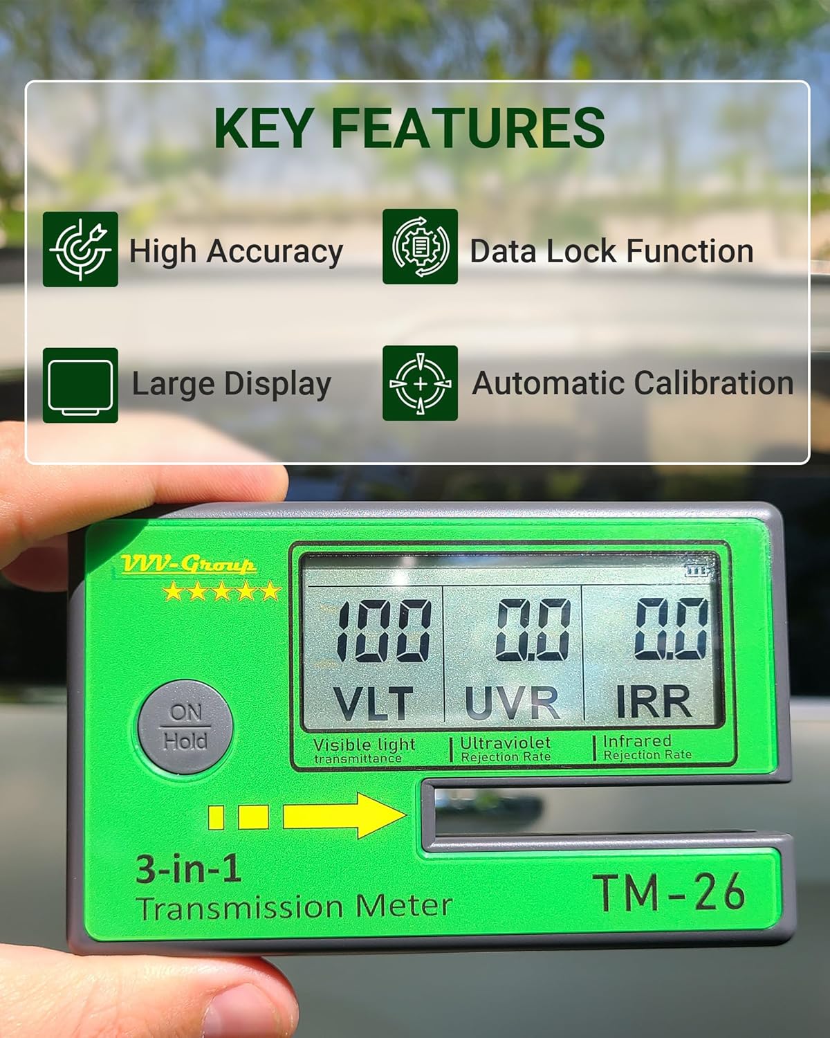 Digital Window Tint Meter TM-26 – Automotive VLT Tester with UVR & IRR Measurement, 8mm Slot Light Transmittance Meter for Car Side Windows and Solar Film Inspection (Without PU Case)