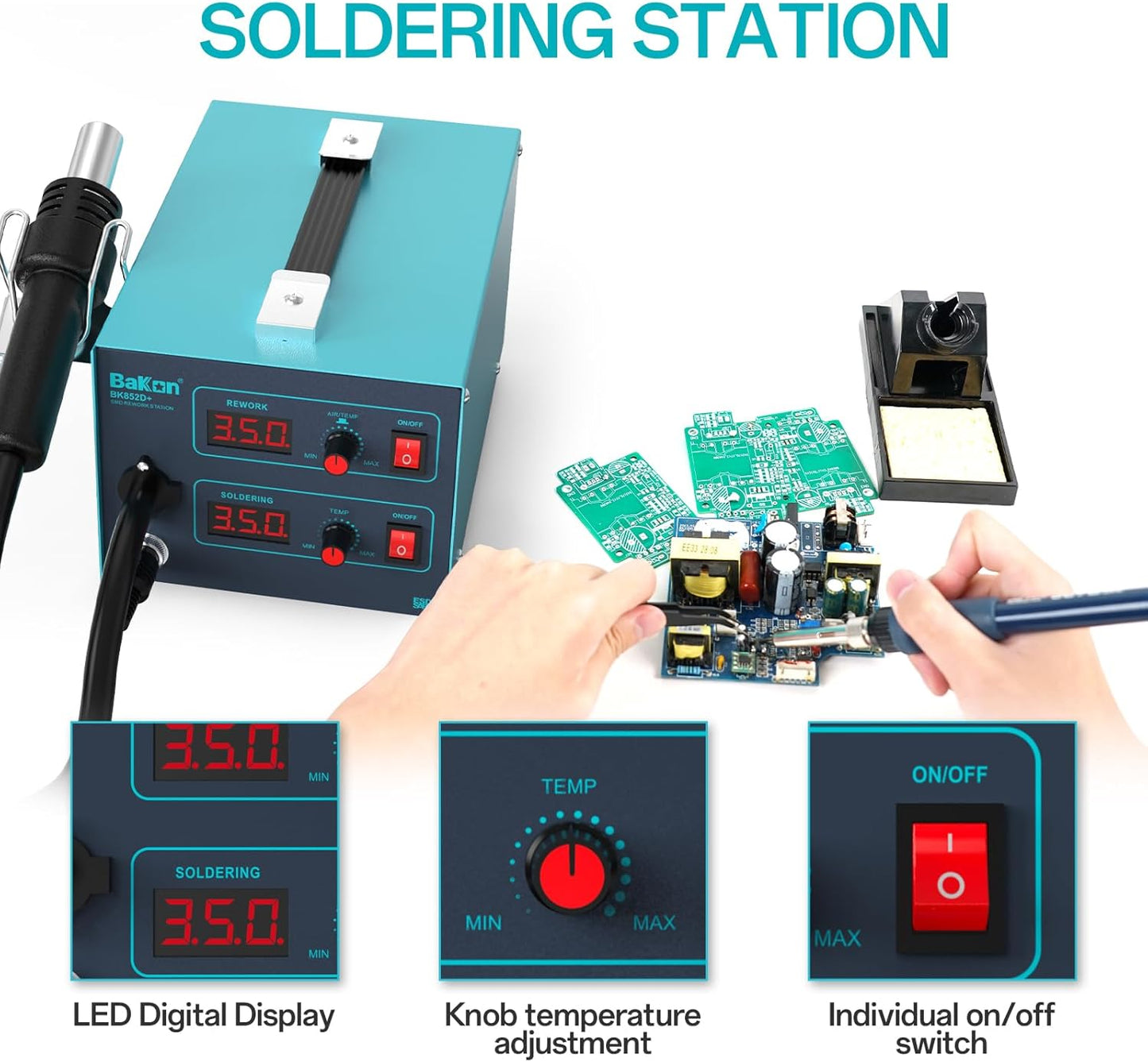 BAKON 852d+ Heat Gun And Soldering Iron 2-In-1 Kit, Smd Hot Air Rework Soldering Station