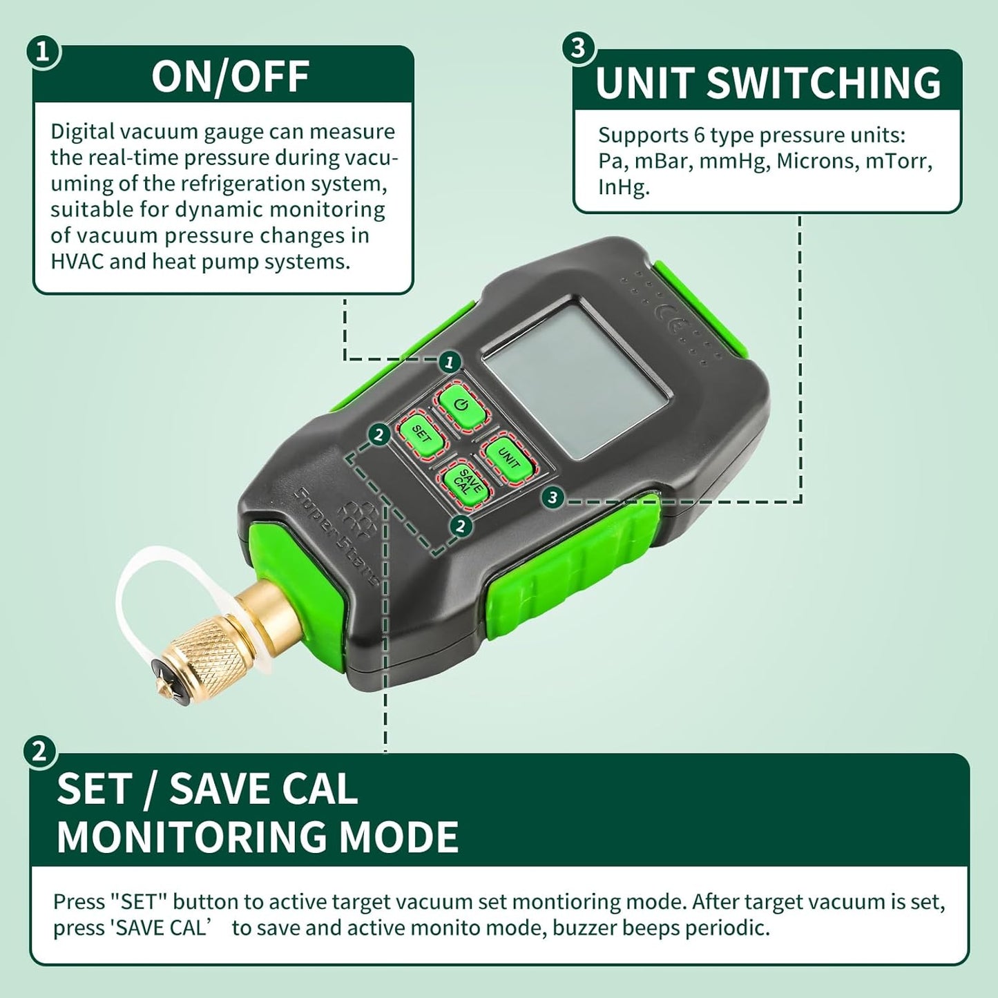 Rogvoc Digital Vacuum Gauge, HVAC Micron Vacuum Gauge Tester with 4 Units 7/16"-20UNF(1/4" SAE), Digital Vacuum Micron Meter Set with Buzzer Alarm, 1/4" SAE Extension Connector Fitting