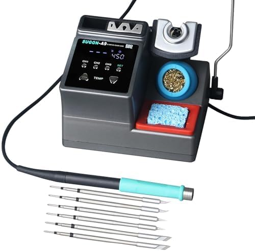 SUGON A9 245 Digital Soldering Station 3 Seconds Fast Heating, 110V Soldering Iron Station of with 6 Integrated Soldering Iron Tips Equipped, 212-842℉, Soldering Iron Replacement Rack
