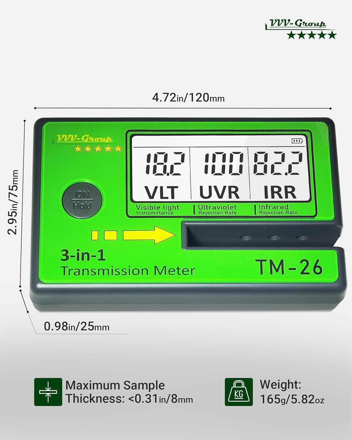 Digital Window Tint Meter TM-26 – Automotive VLT Tester with UVR & IRR Measurement, 8mm Slot Light Transmittance Meter for Car Side Windows and Solar Film Inspection (Without PU Case)