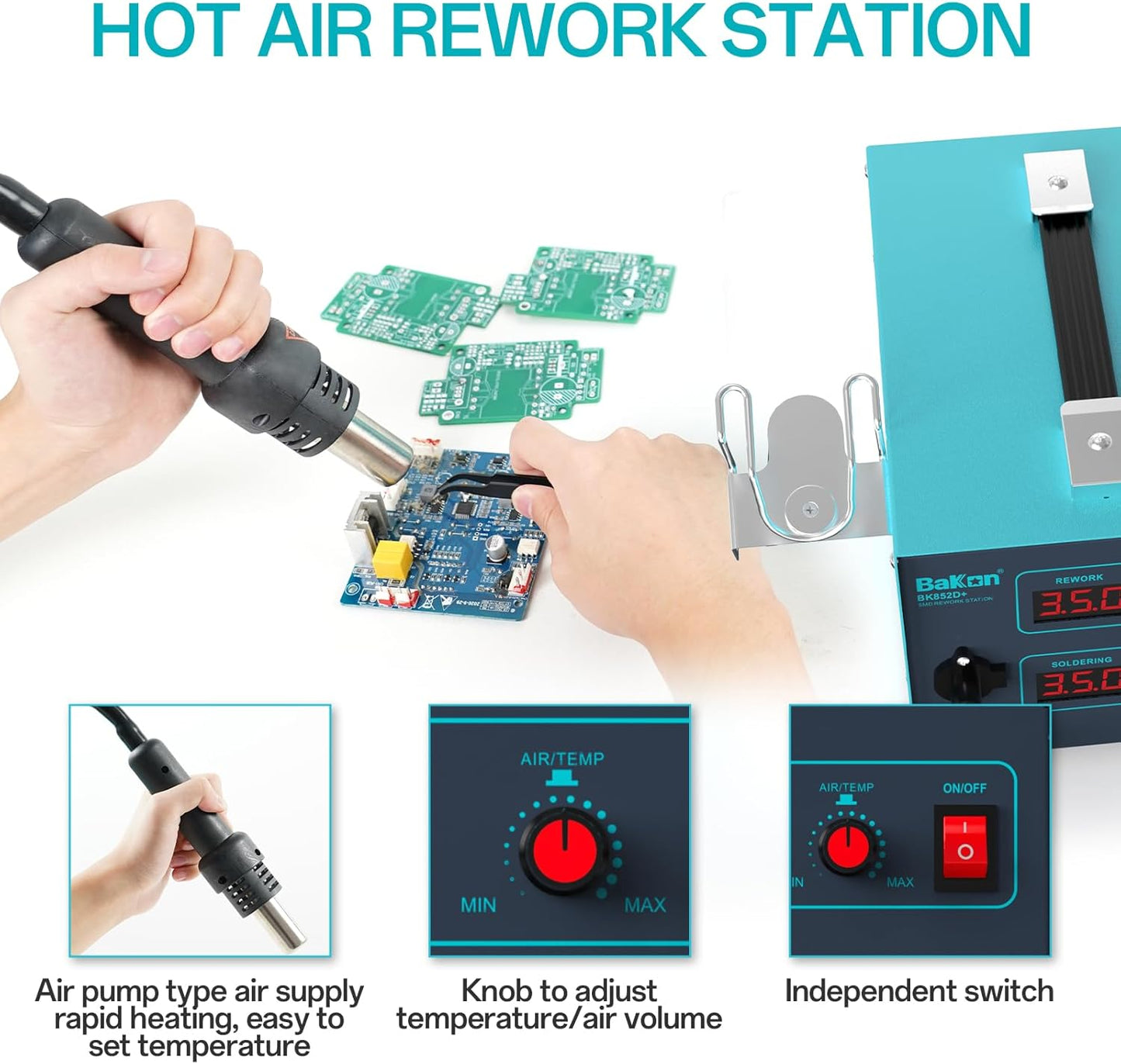 BAKON 852d+ Heat Gun And Soldering Iron 2-In-1 Kit, Smd Hot Air Rework Soldering Station