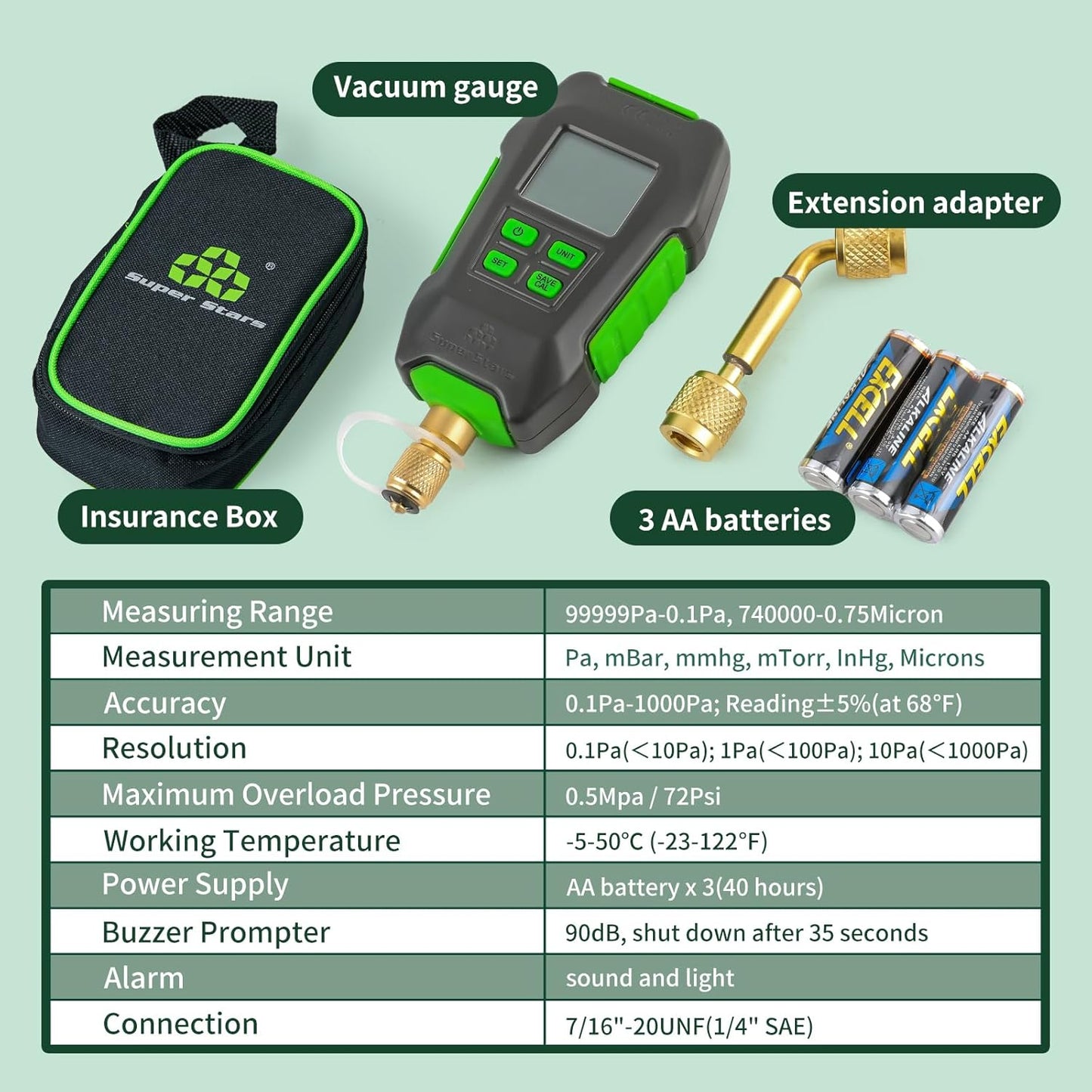 Rogvoc Digital Vacuum Gauge, HVAC Micron Vacuum Gauge Tester with 4 Units 7/16"-20UNF(1/4" SAE), Digital Vacuum Micron Meter Set with Buzzer Alarm, 1/4" SAE Extension Connector Fitting