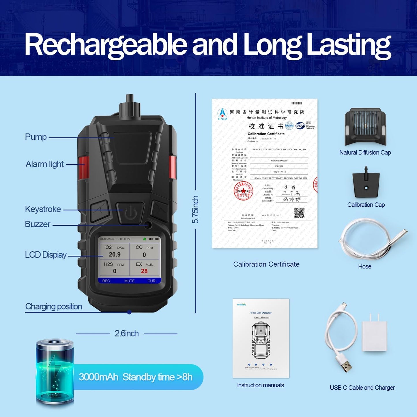Forsensal Gas Detector with Pump, 4 Gas Monitor Multi Gas Detector CO EX O2 H2S Monitor