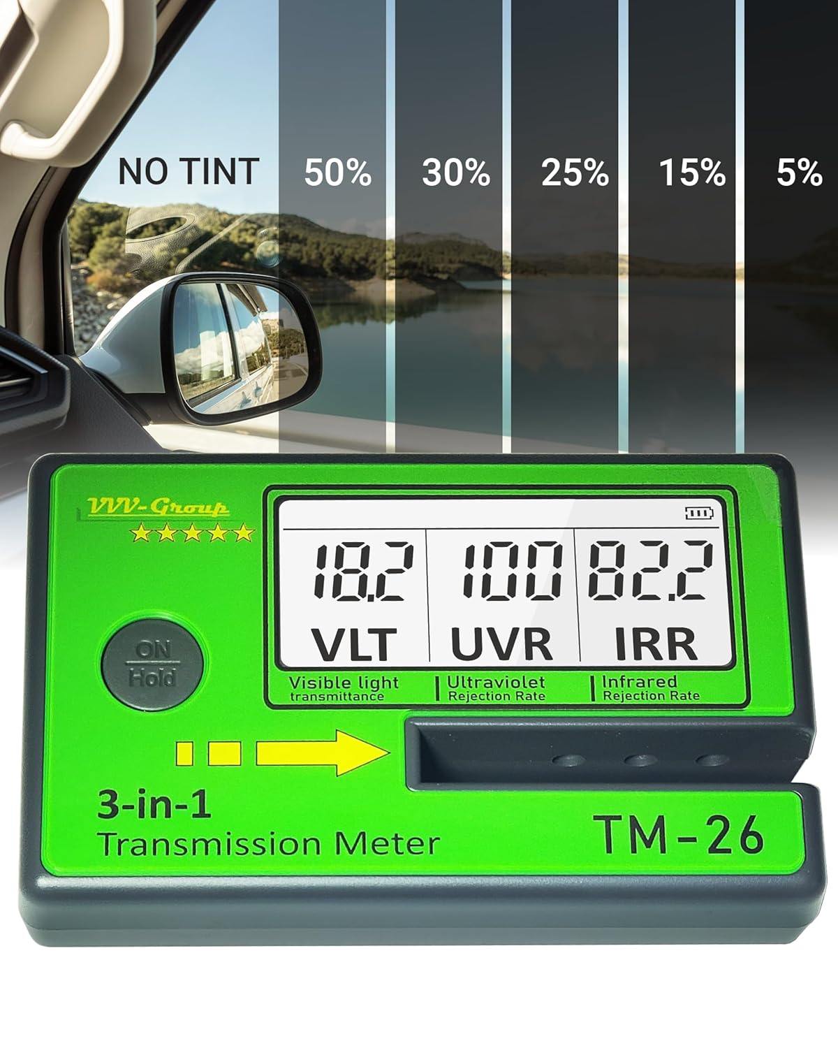Digital Window Tint Meter TM-26 – Automotive VLT Tester with UVR & IRR Measurement, 8mm Slot Light Transmittance Meter for Car Side Windows and Solar Film Inspection (Without PU Case)