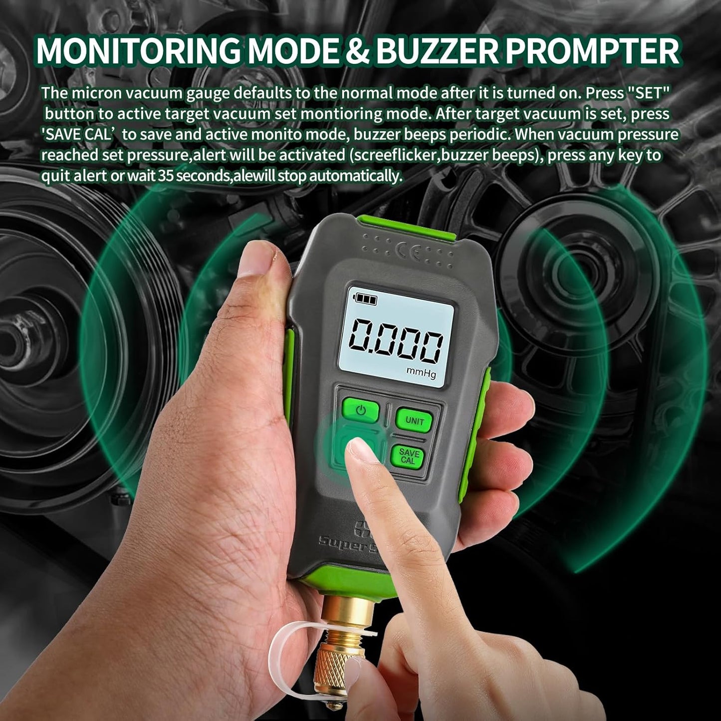 Rogvoc Digital Vacuum Gauge, HVAC Micron Vacuum Gauge Tester with 4 Units 7/16"-20UNF(1/4" SAE), Digital Vacuum Micron Meter Set with Buzzer Alarm, 1/4" SAE Extension Connector Fitting