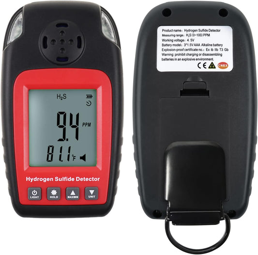 DANOPLUS H2S Monitor Digital Gas Detector H2S Monitor Clip On 0~100ppm H2S Gas Detector with Buzzer and Red Indicator Alarm,