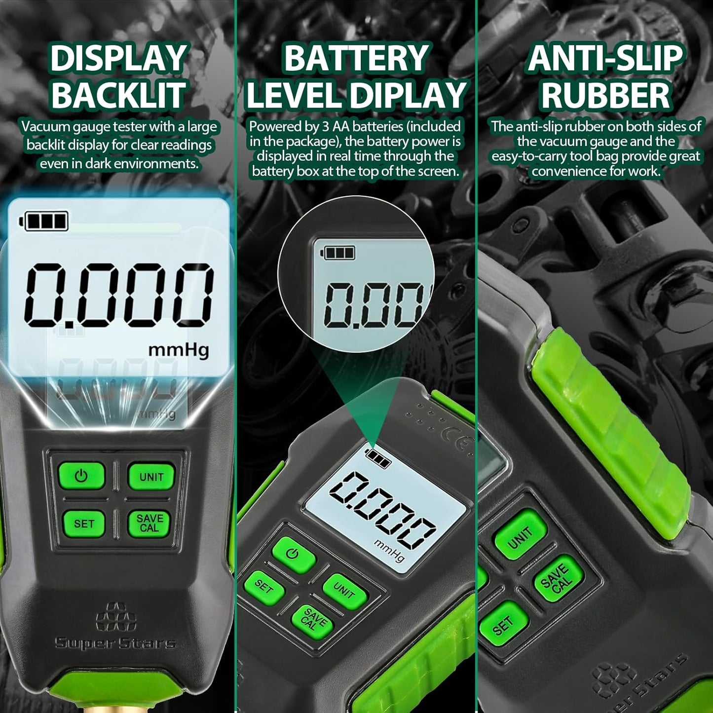 Rogvoc Digital Vacuum Gauge, HVAC Micron Vacuum Gauge Tester with 4 Units 7/16"-20UNF(1/4" SAE), Digital Vacuum Micron Meter Set with Buzzer Alarm, 1/4" SAE Extension Connector Fitting