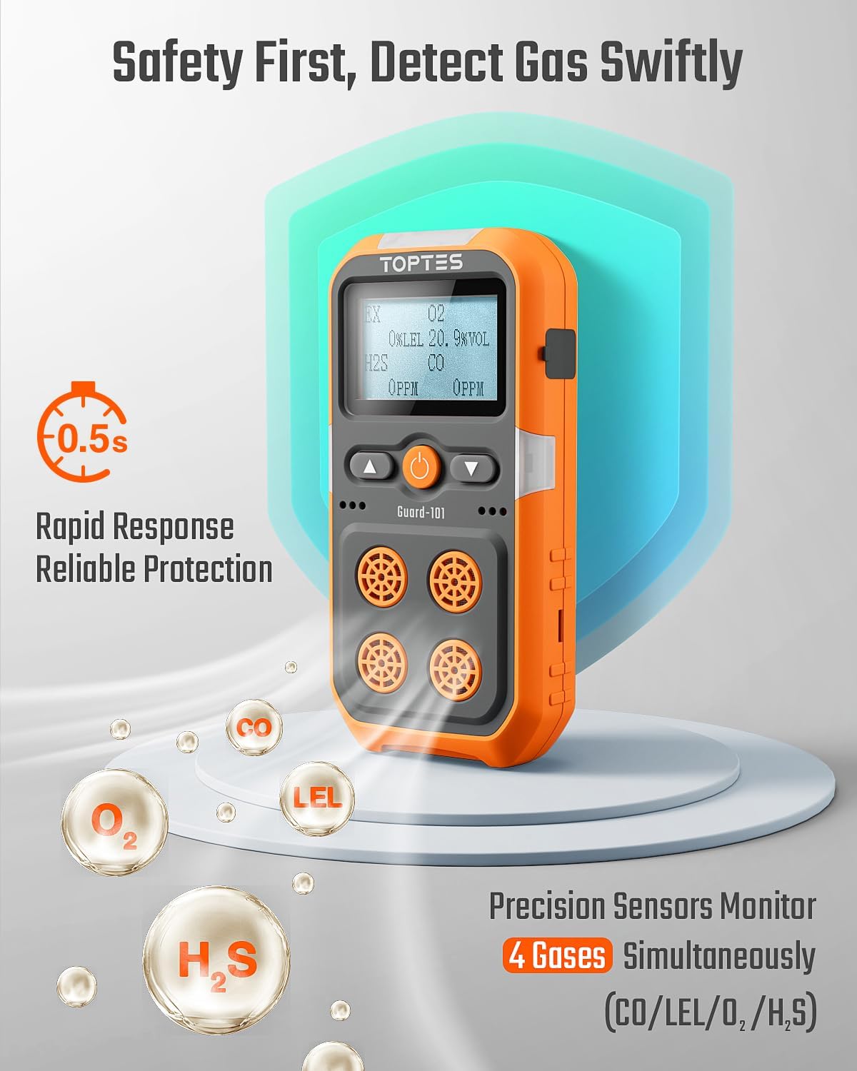 TOPTES Guard-101 Gas Detector, 4 Gas Monitor for H2S, CO, LEL and O2, with Vibration, Visual and Audible Alarms, 14h Long Battery Life