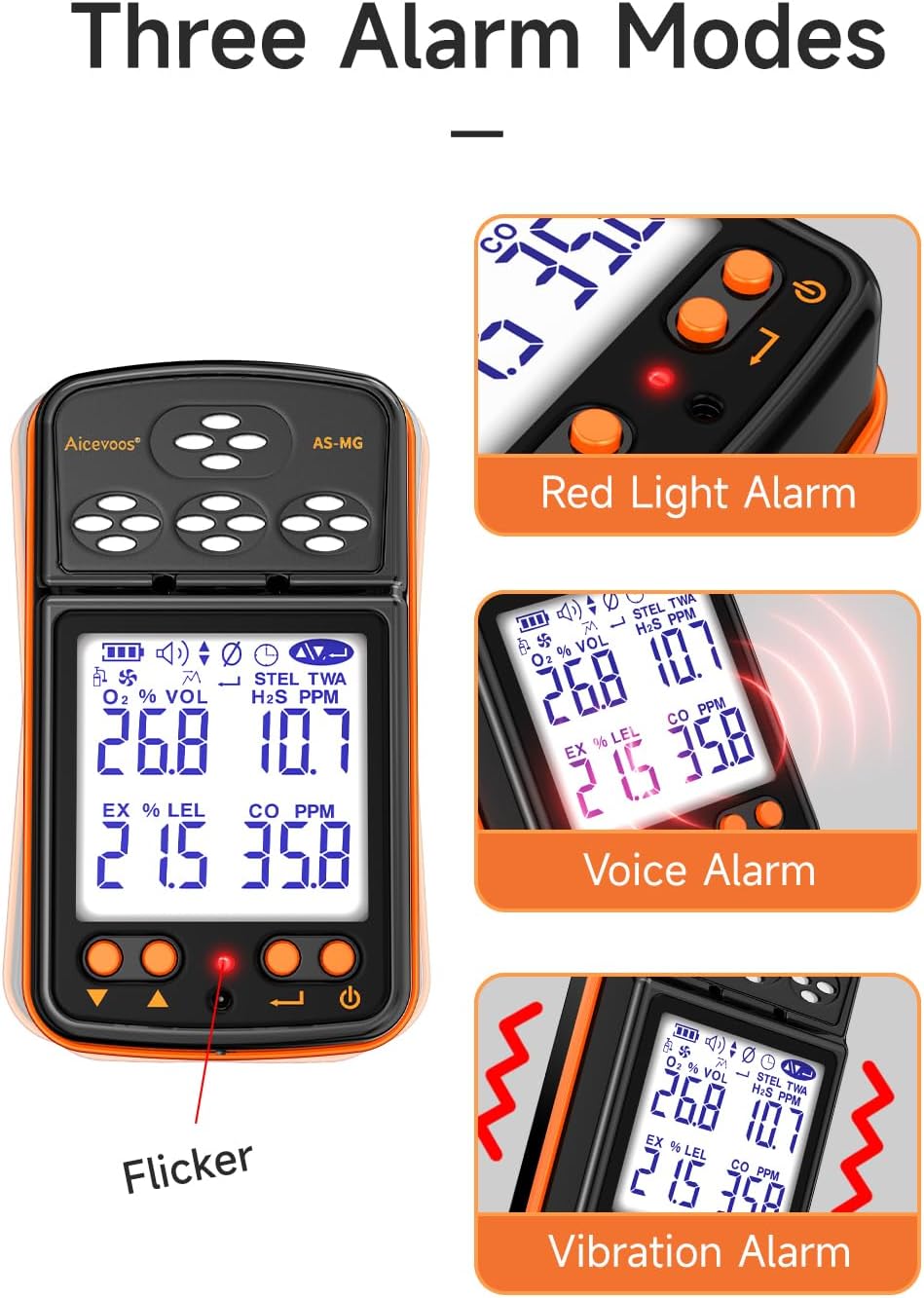 Aicevoos Gas Detector 4 Gas Monitor for H2S, O2, CO and EX Portable Visual Gas Monitor with Sound Light Vibration LCD Display