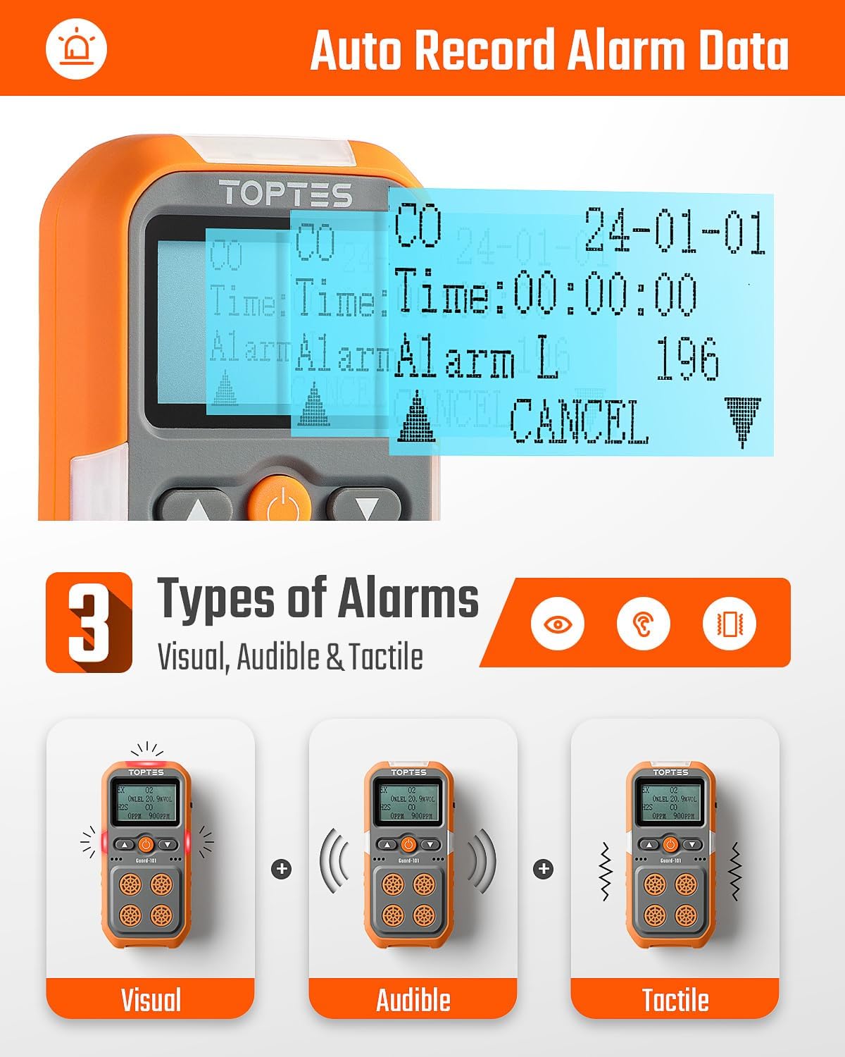 TOPTES Guard-101 Gas Detector, 4 Gas Monitor for H2S, CO, LEL and O2, with Vibration, Visual and Audible Alarms, 14h Long Battery Life