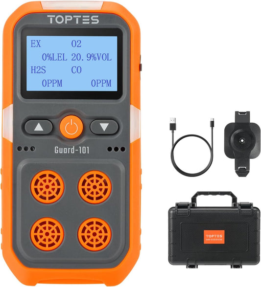 TOPTES Guard-101 Gas Detector, 4 Gas Monitor for H2S, CO, LEL and O2, with Vibration, Visual and Audible Alarms, 14h Long Battery Life