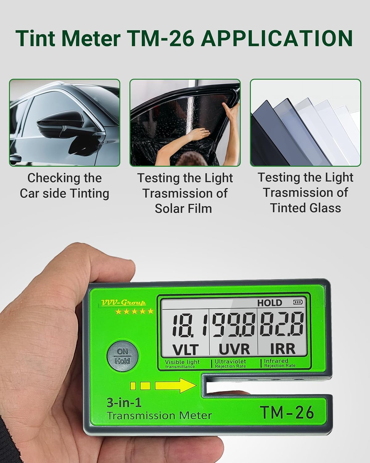 Digital Window Tint Meter TM-26 – Automotive VLT Tester with UVR & IRR Measurement, 8mm Slot Light Transmittance Meter for Car Side Windows and Solar Film Inspection (Without PU Case)