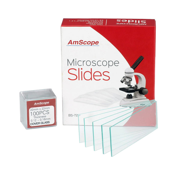 AmScope BS-72P-100S-22 72 Pieces of Pre-Cleaned Blank Microscope Slides and 100 Pieces of 22x22mm Square Coverslips Cover Glass