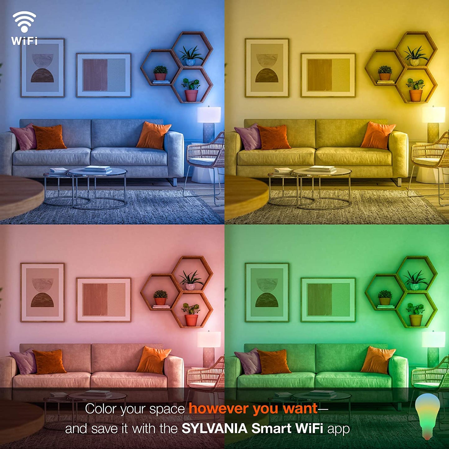 SYLVANIA Smart+ Wi-Fi Full Color Dimmable A19 LED Light Bulb, CRI 90+, 60W